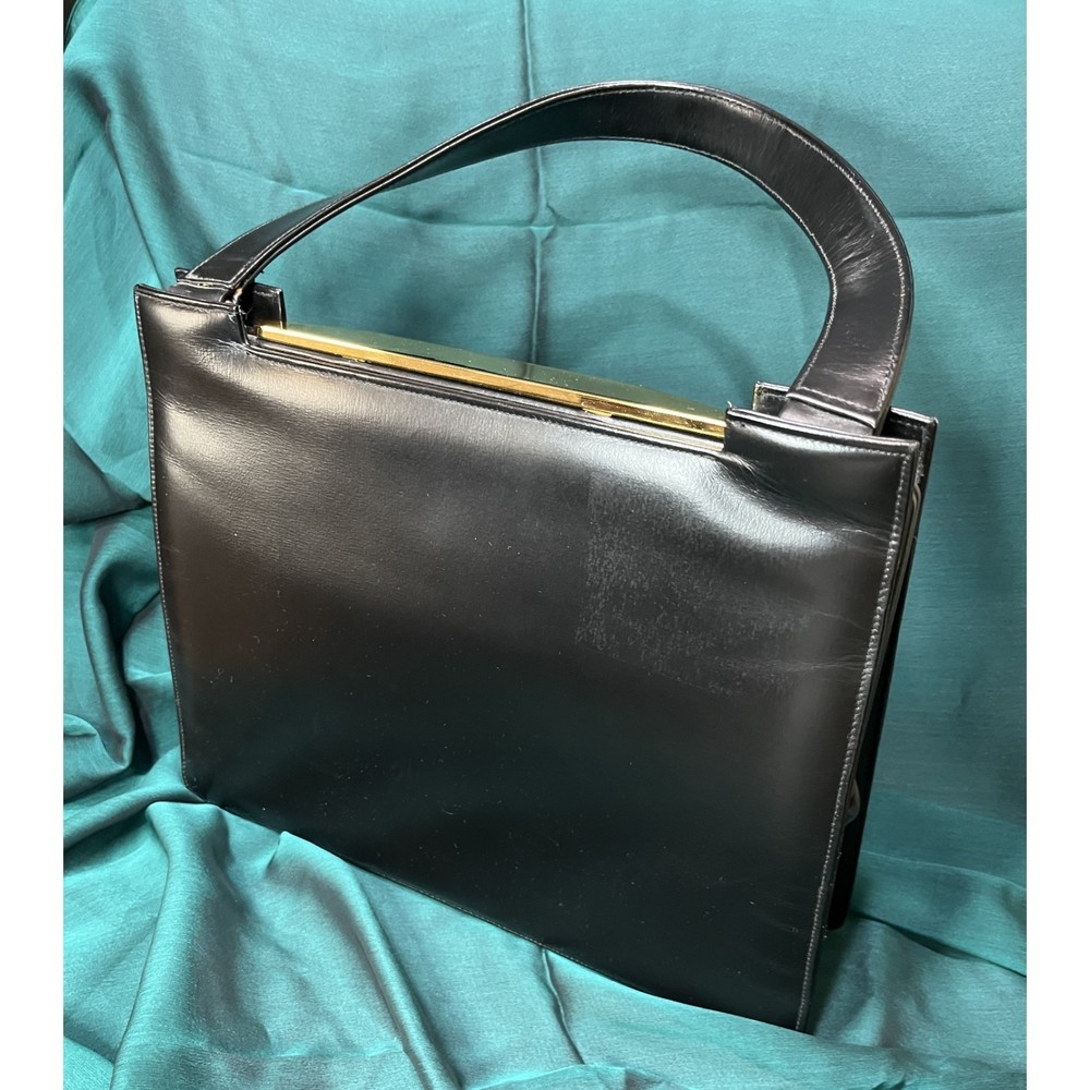 Vintage 60s Dofan Black Leather Purse Tan Interior with Pocket Mirror